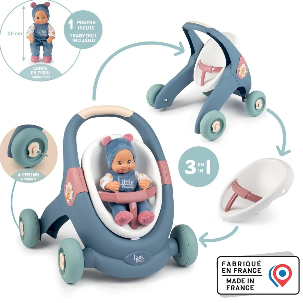 Smoby Baby Walker 3 en 1 et poupon Little^ Poussettes, Landaus Et Couffins