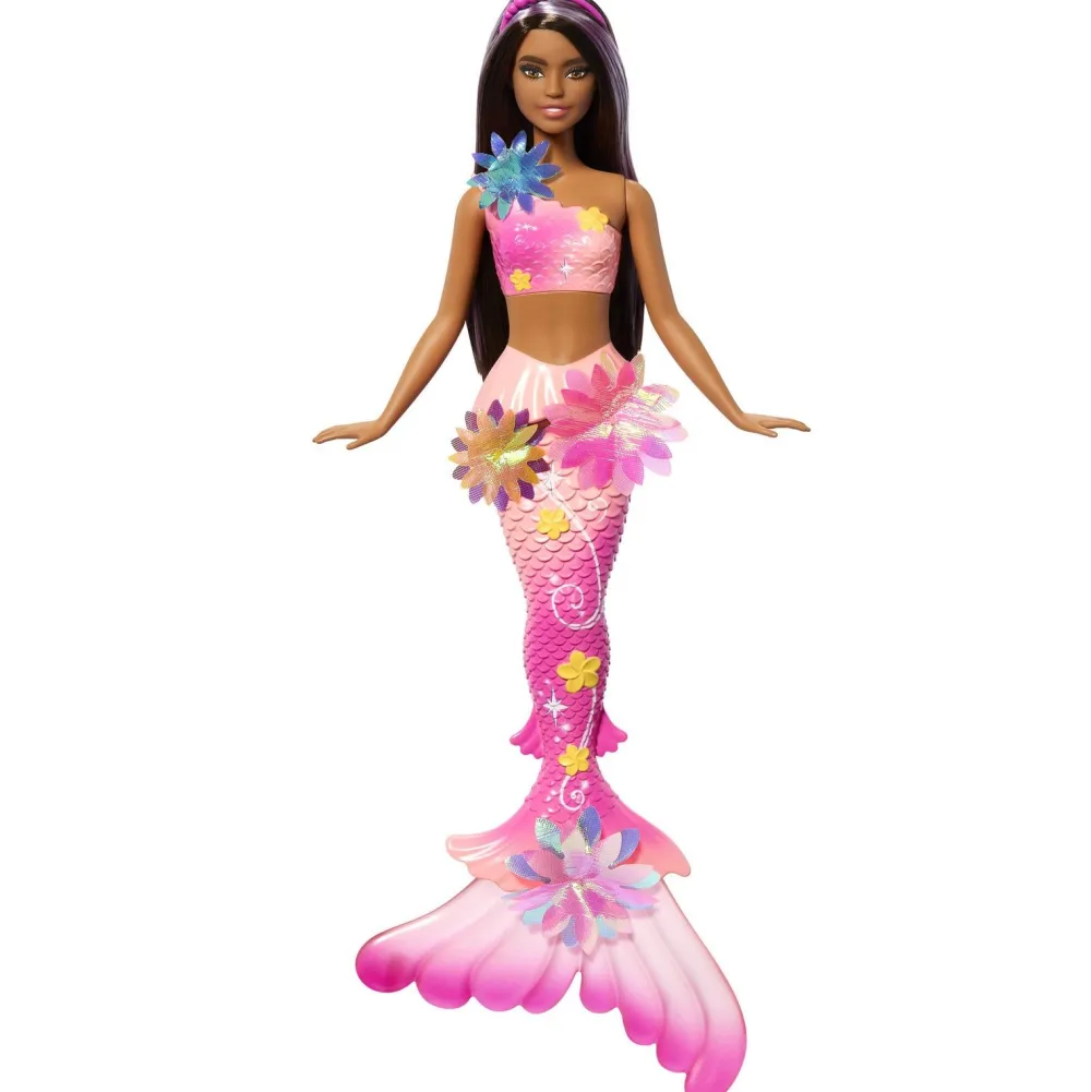 Mattel Barbie Sirène fleurs magique brune^ Poupées Mannequins