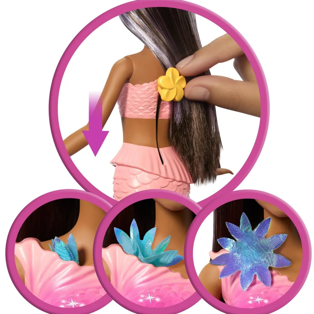 Mattel Barbie Sirène fleurs magique brune^ Poupées Mannequins
