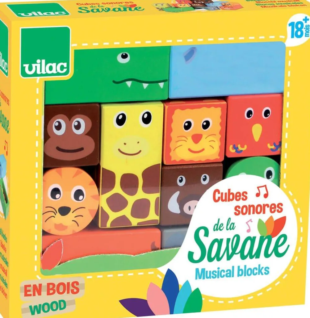 Vilac Cubes Sonores Animaux Savane -^ Jouets À Encastrer Et À Empiler