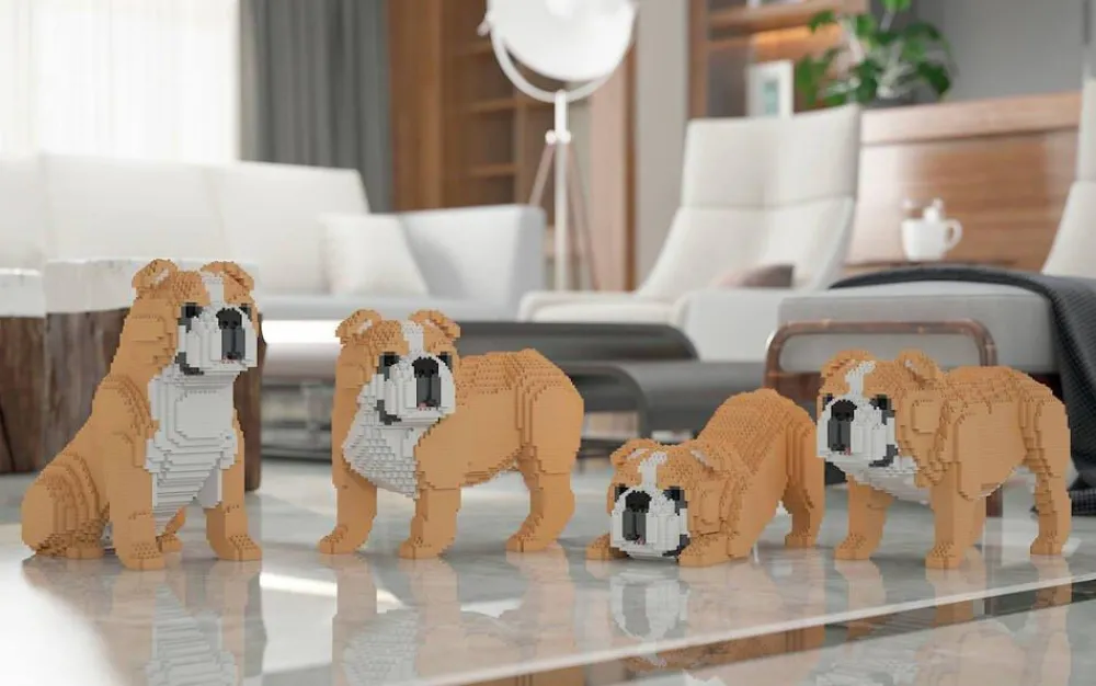 Jekca Jecka Blocs De Construction - Chien Bulldog Anglais 4 En 1 Beige Standard^ Ferme, Univers Agricoles Et Animaux