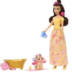 Mattel Poupée mannequin Belle et son chien color changer à toiletter^ Poupées Mannequins