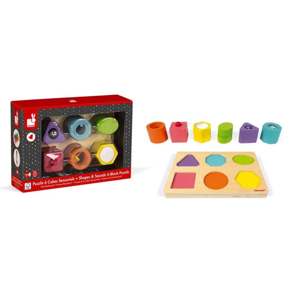 Janod Puzzle 6 cubes sensoriels^ Jouets À Encastrer Et À Empiler